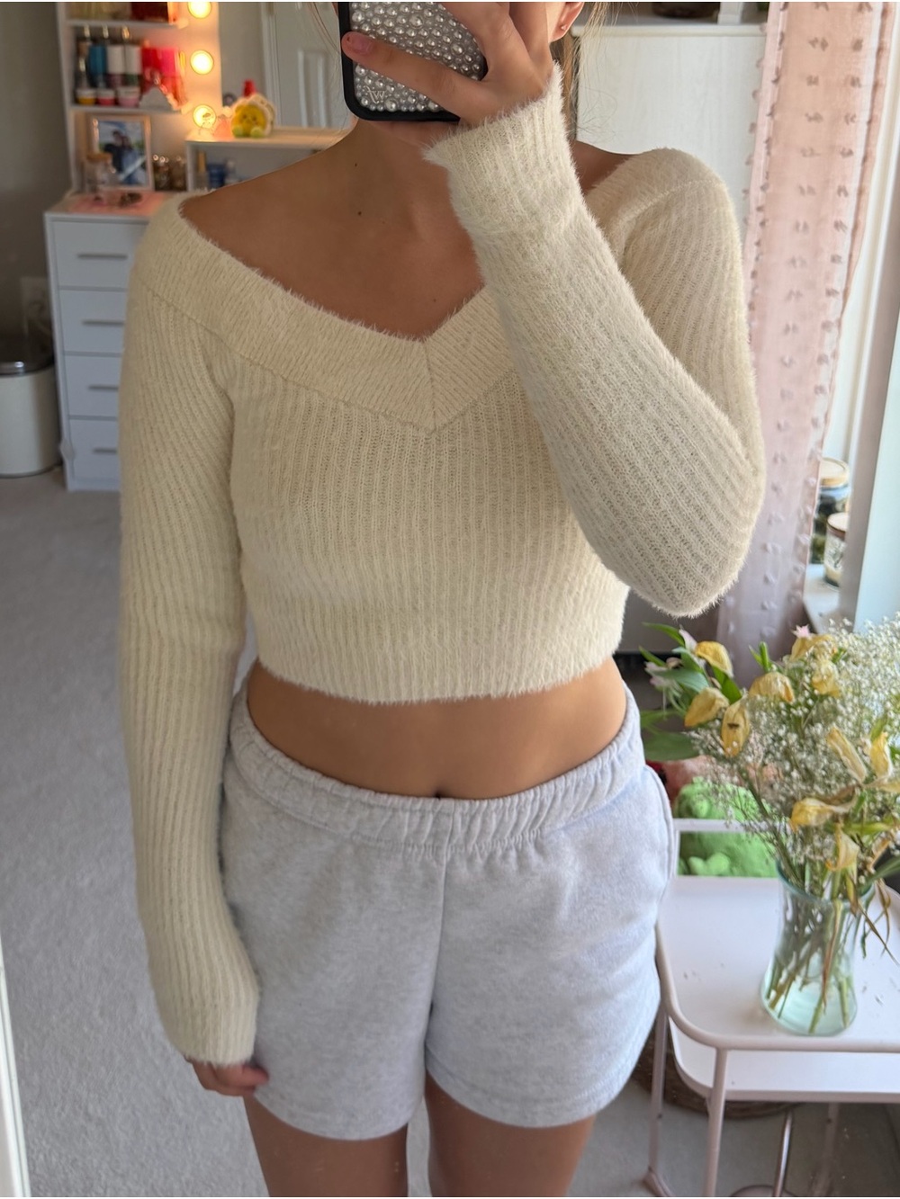American Eagle Outfitters Ivory Off-the-Shoulder Fuzzy Cropped Sweater